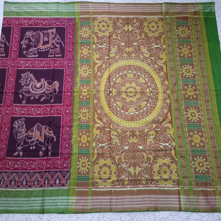 Bomkai-style saree, gold on maroon