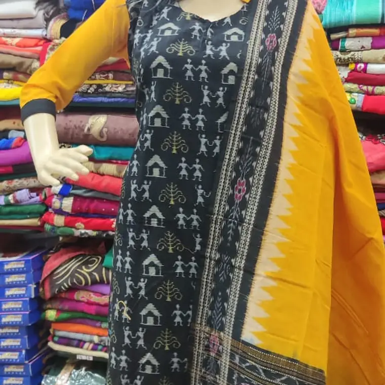 Sambalpuri suit set with mustard sleeves